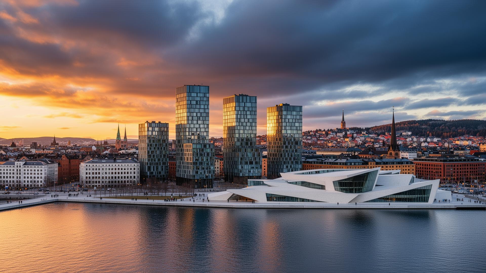 Oslo skyline med Operahuset och Barcode-byggnaderna